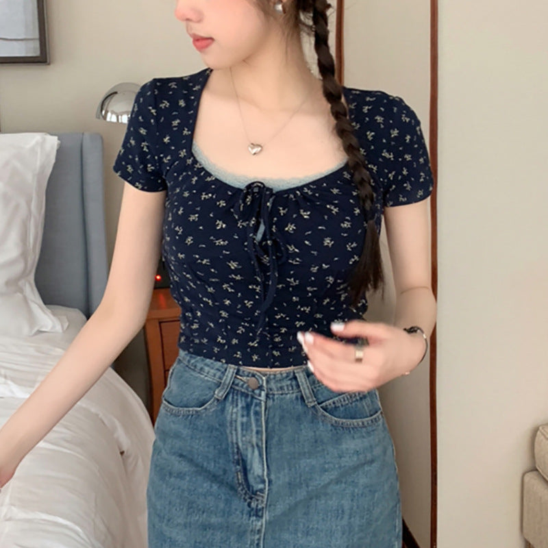 Gentle Design Sense Niche Pure Desire Lace-up Square Collar Short Sleeve T-shirt Female Summer New Floral Short Bottoming Top