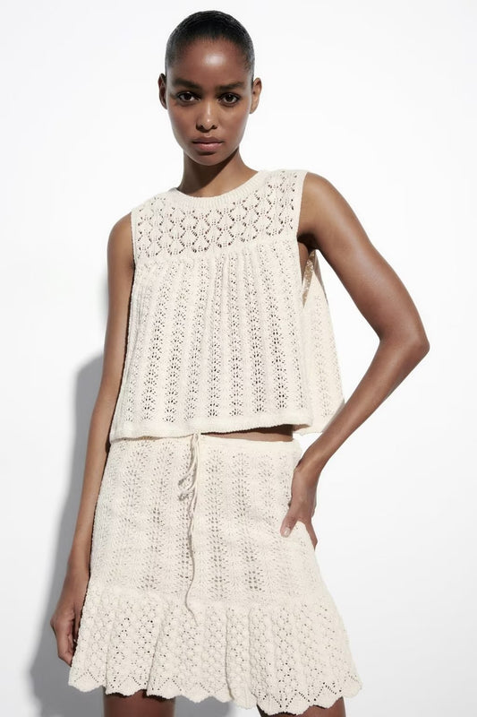 Round Neck Jacquard Mesh Hollow Out Sleeveless Knitted Top Drawstring Knitted Skirt Suit Women