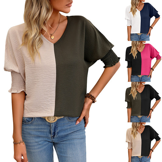 V-hals Løs Smock Batwing-ærme Farvematchende Top