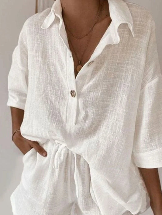 Women's Casual White Lapel T-Shirt Shorts Two Piece Set