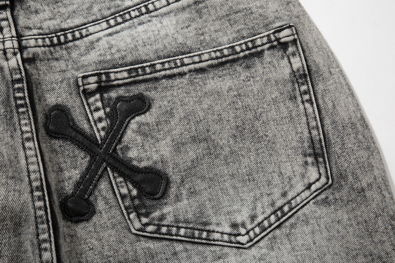 High Street Cross Bone Patch Skin Washed Gray Slim-fit Jeans