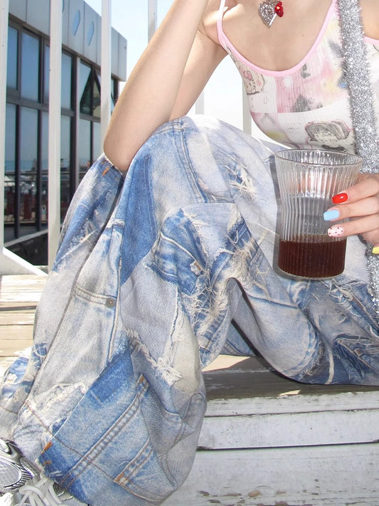 Vintage Oil Painting Printed Drawstring Jeans High Waist Loose Wide Leg Pants
