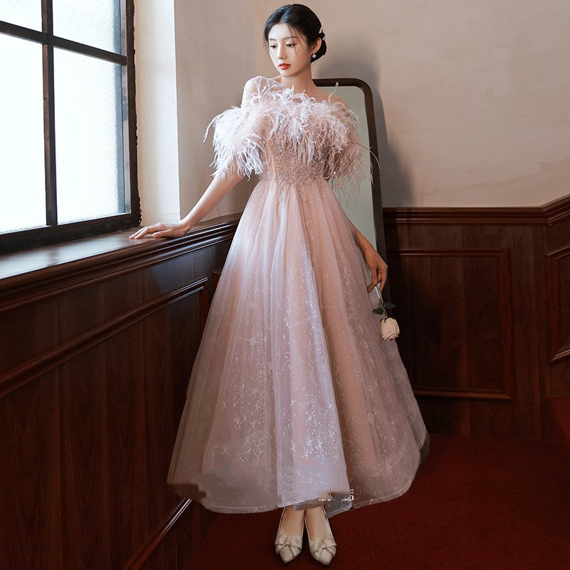Niche High-end French Style Feather Evening Dress For Women