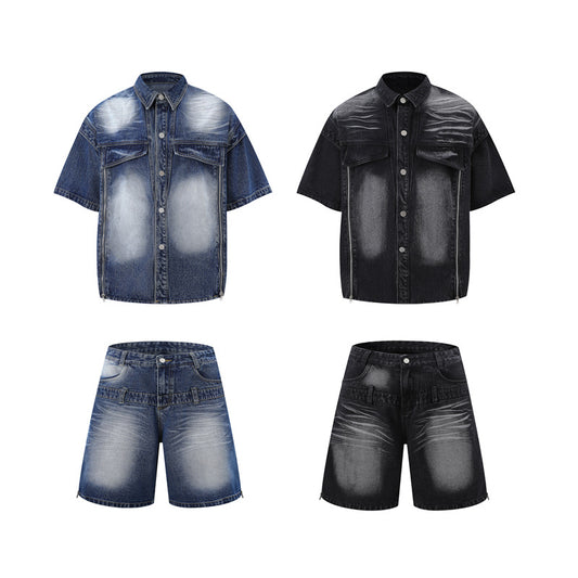 Fashionable High-end Washed Denim Shirt And Capri Pants