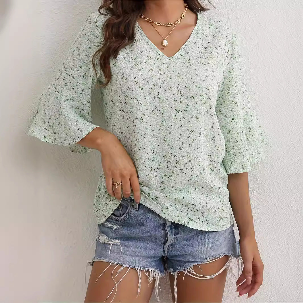 V-neck Chiffon Bell Sleeve Loose Short-sleeved Shirt