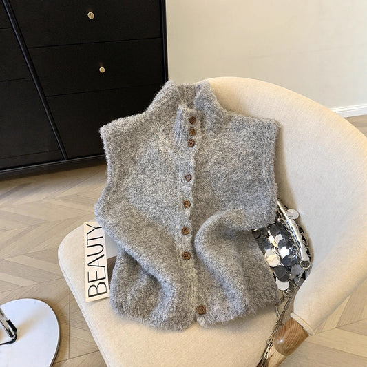 Beige Soft And Cozy Knitted Vest Cardigan For Women
