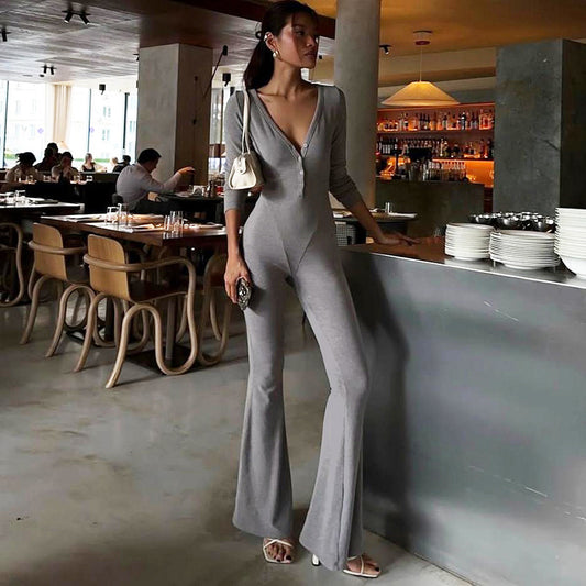 Solid-color V-neck Buttoned Bodycon Long-sleeve High-waist Flared Jumpsuit