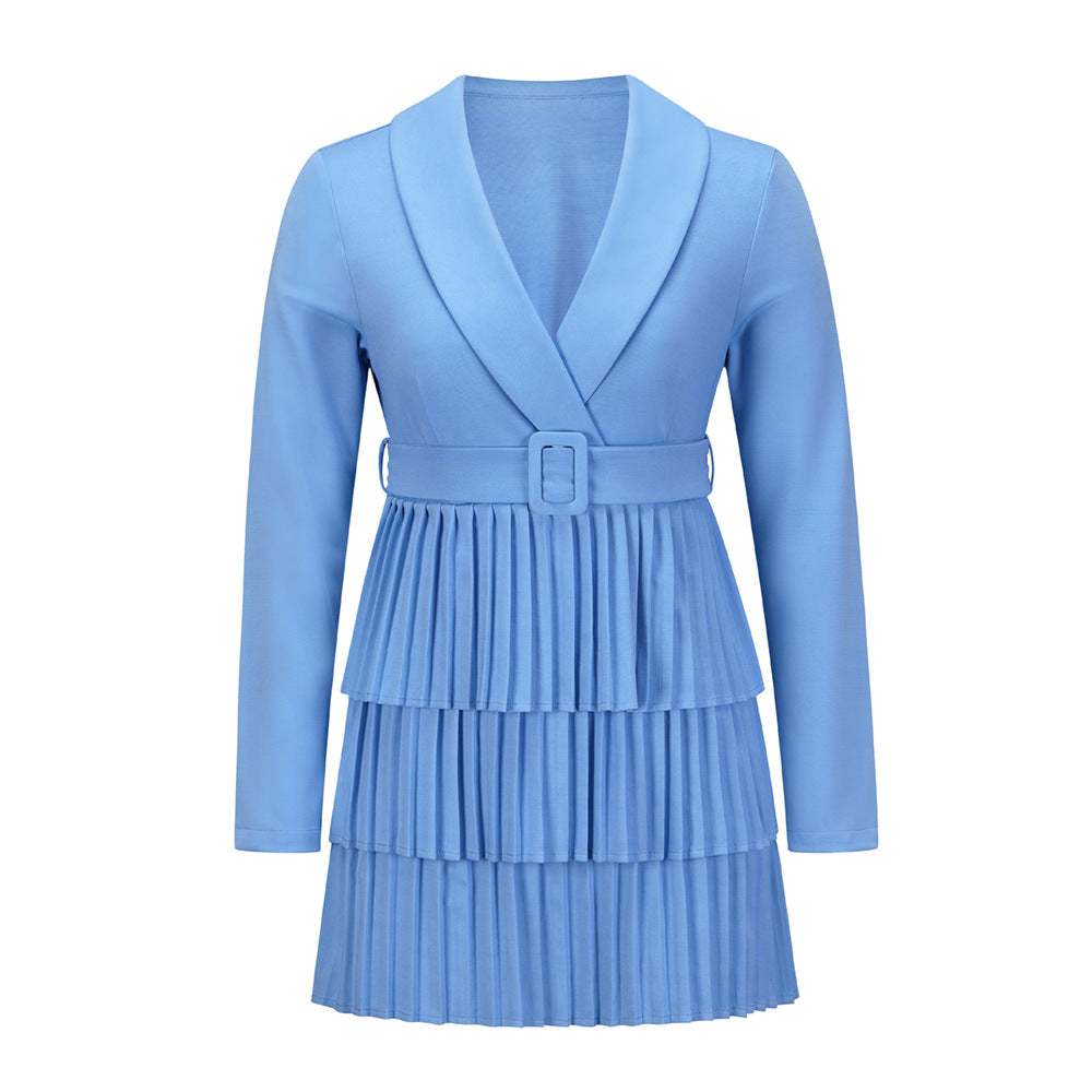 Pleated Mid-length Coat Skirt European And American Foreign Trade V-neck Design Temperament Coat