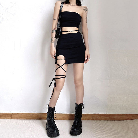 Summer New Women's Solid Color Slim High Waist Hip Strap Skirt