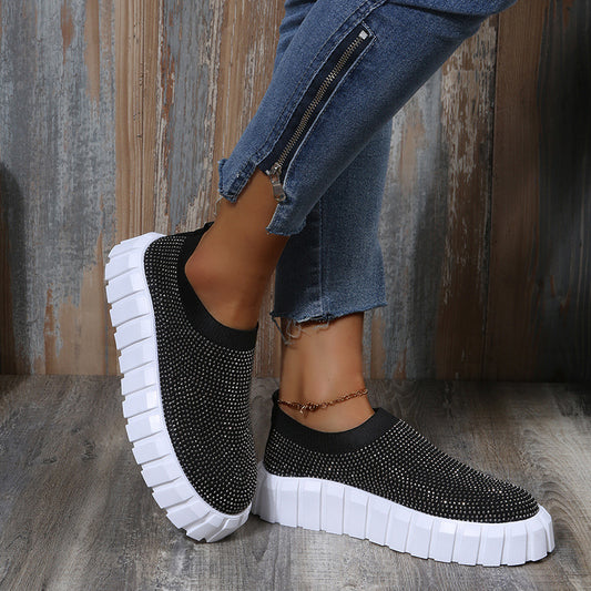 Large Size Thick Bottom Rhinestone Solid Color Mesh Casual Shoes