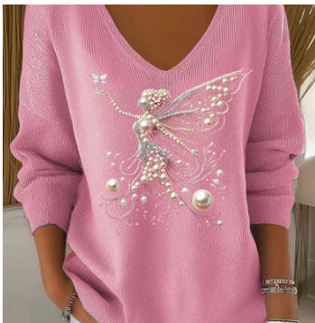 Womens Printed Loose V-Neck Top