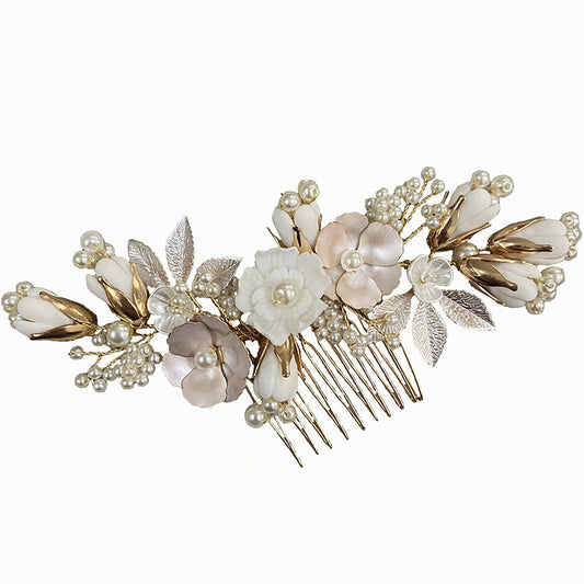 Gold Imitation Pearl Pastoral Ceramic Flower Headwear Hair Comb