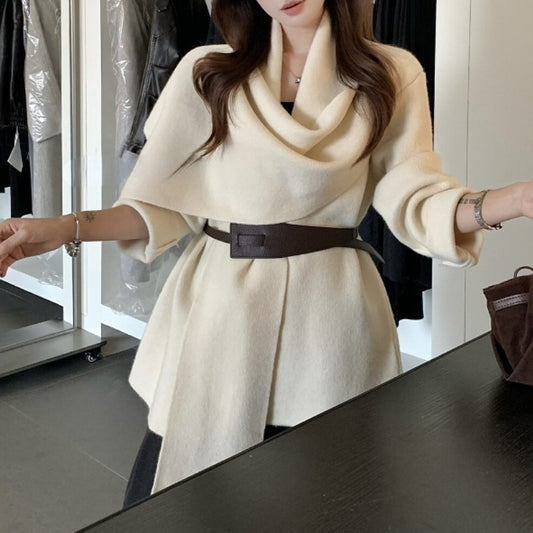 Women's Polyester Scarf Collar Knitted Cardigan Jacket Short Coat With Belt