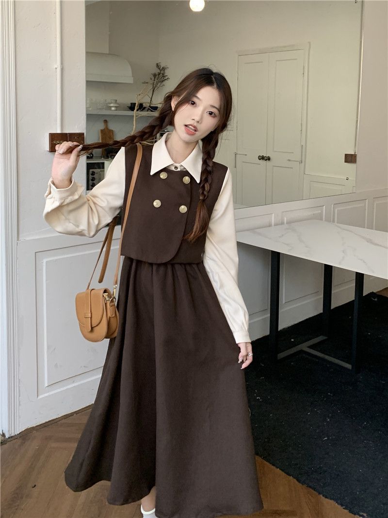Womens Vintage French-Style Mock Two-Piece Long-Sleeve Dress
