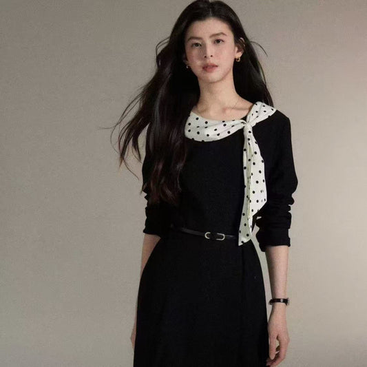 French Retro Hepburn-Style Ruffle-Detail Bow-Tie Dress