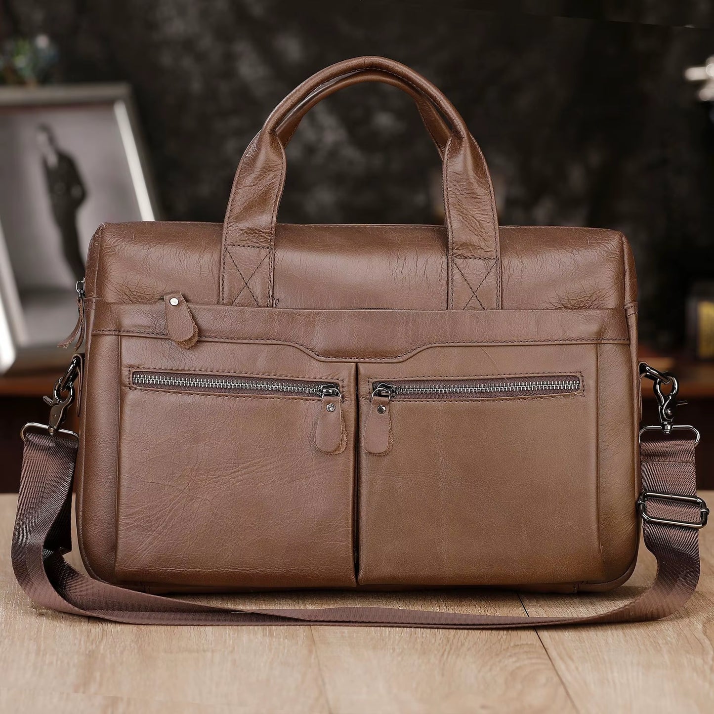 Genuine Leather Black Messenger Bag for Men - Large 14" Laptop Briefcase and Travel Shoulder Bag