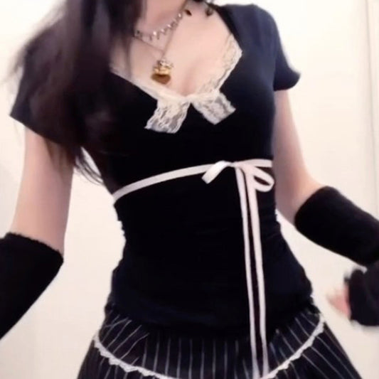 Pure Desire Girl Lace Stitching Satin Lace Design T-shirt Sweet All-matching Square-neck Cinched Bow Top