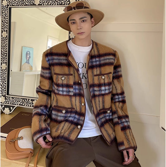 Mohair Plaid Vintage Long Woolen Collarless Jacket