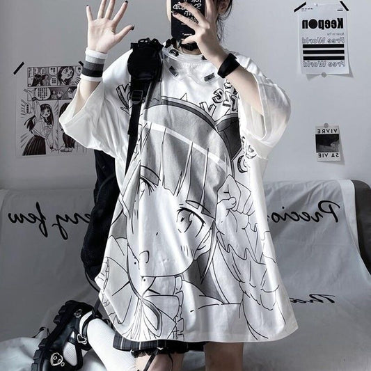 Japanese Anime Print Loose White Short Sleeve Top