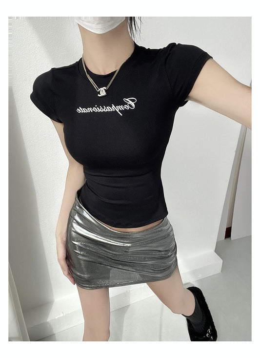 Street Flying Sleeve Round Neck Shoulder Short Sleeve Contrast Color Letter Stretch Top For Women