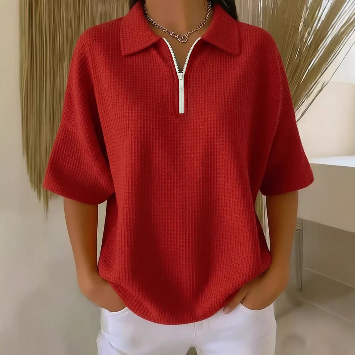 Pullover Drop-shoulder Half-zip Waffle-knit Short Sleeve