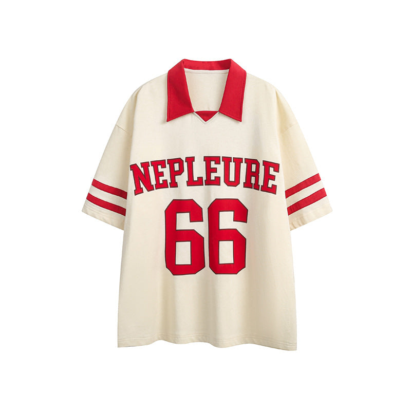 Preppy Style Stitching Contrast Color Short Sleeve Polo Shirt American Retro Jersey