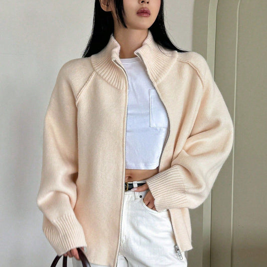 Solid Color Stand Collar Zipper Knitted Cardigan Top