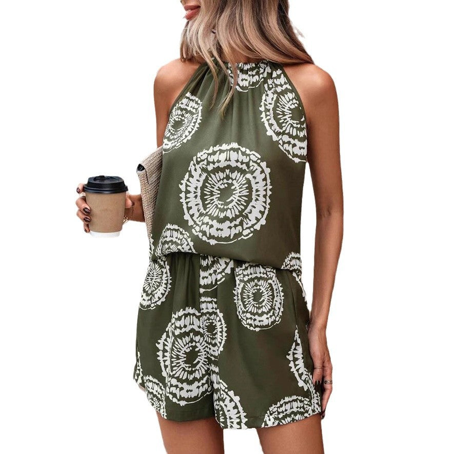 Womens Crew-Neck Lace-Up Sleeveless Elastic-Waist Pocketed Shorts Two-Piece Set