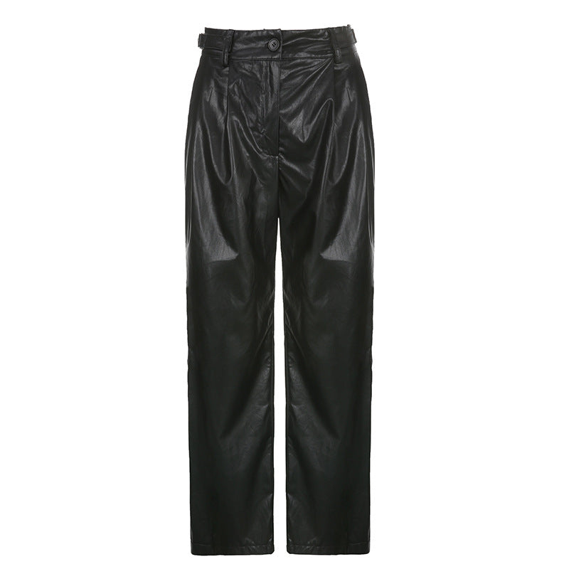 Women's Straight Low Waist Loose Casual Leather Pants