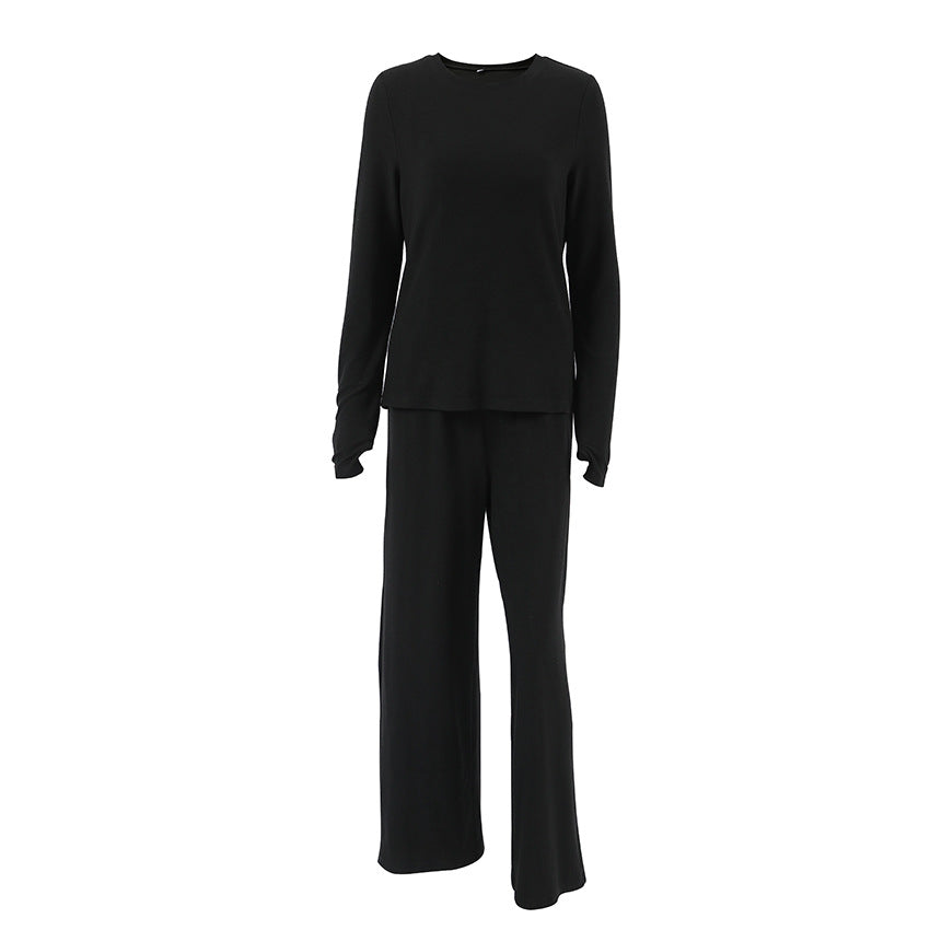 Soft, Comfortable And Stretchy Two-piece Black Crew-neck Womens Loungewear Set