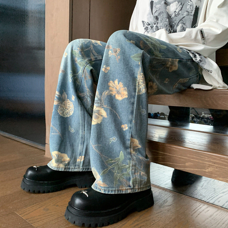 Men's Printed Floral Wide-leg Washed Jeans Mid-waist Straight Pants