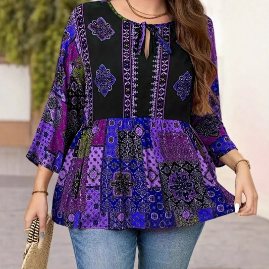 Bohemian-print Sweetheart-neck Top With Three-quarter Sleeves
