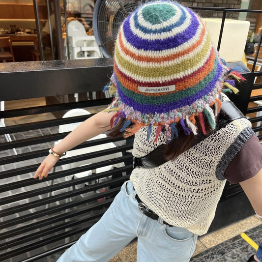 Vintage Handmade Crochet Tassel Bucket Hat Colorful Stripes Woolen Cap Bucket Hat