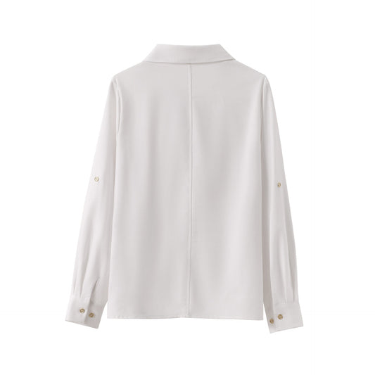 White V-neck Roll-up Sleeve Linen Blend Shirt