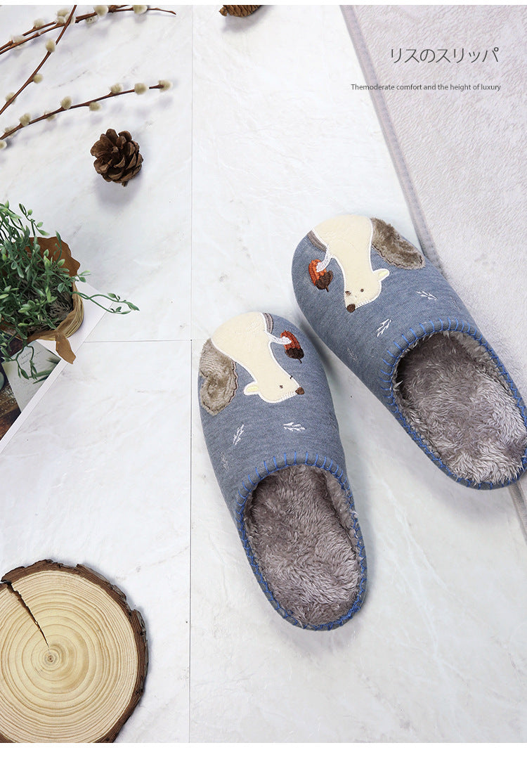 Cute Cartoon Squirrel Affixed Cloth Embroidered Slippers Indoor Non-slip Couple Platform Slippers