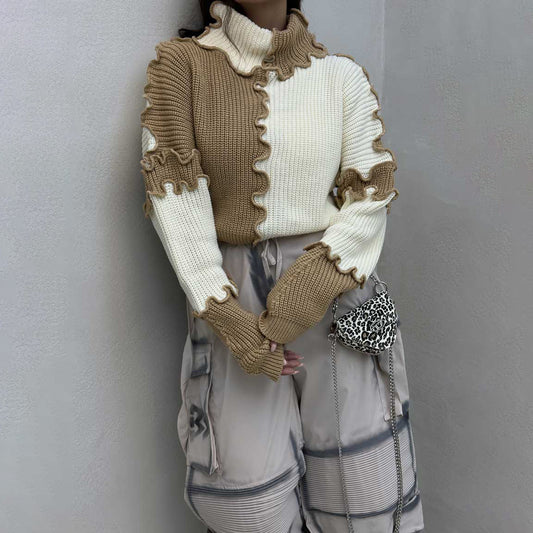 Fashionable Stringy Selvedge Large Color Block Contrast Color Sweater