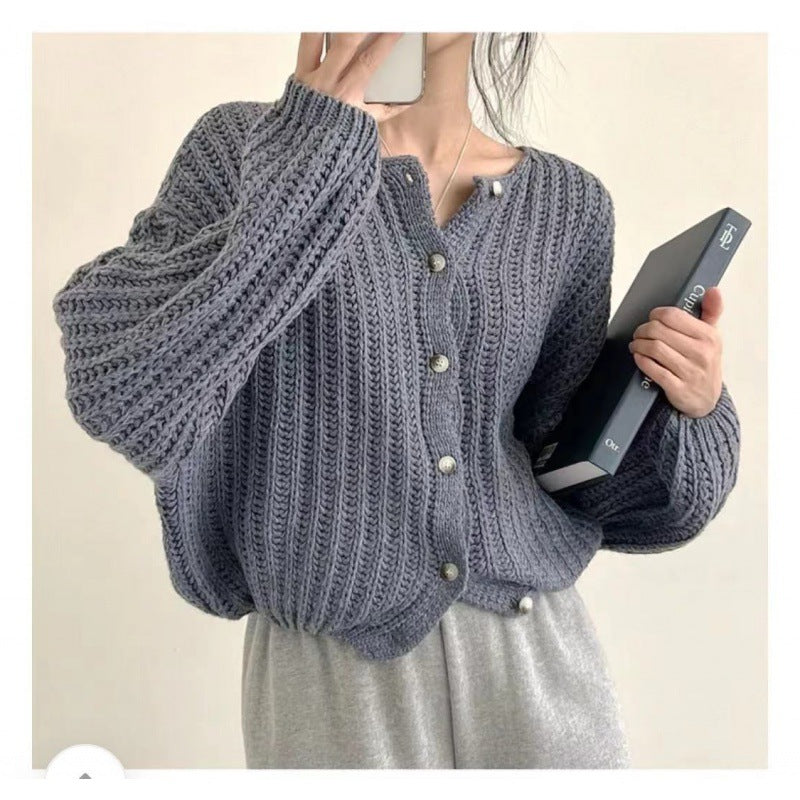 Lazy Solid Color Top Women's Sweater Coat Loose Round Neck Single Breasted