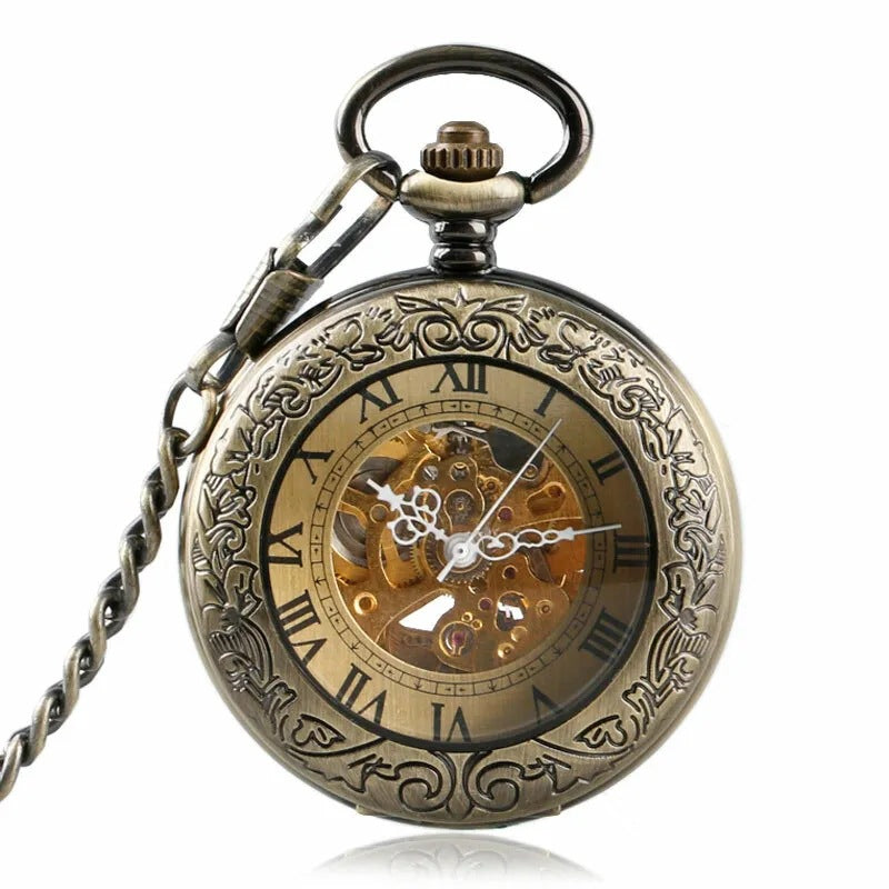 Flip-Open Retro Transparent-Lid Engraved Mechanical Pocket Watch