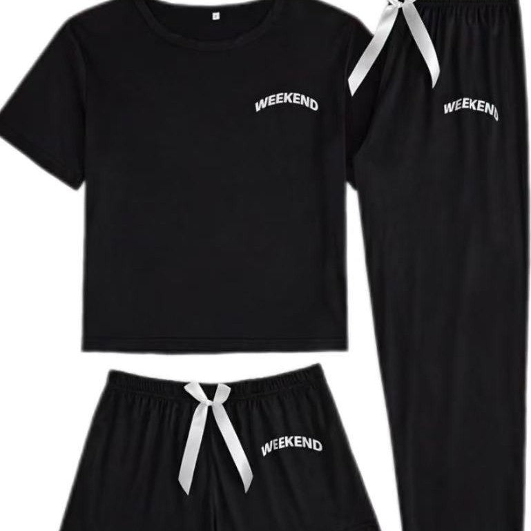 Homewear Pajamas For Women Lettered Black Three-piece Suit