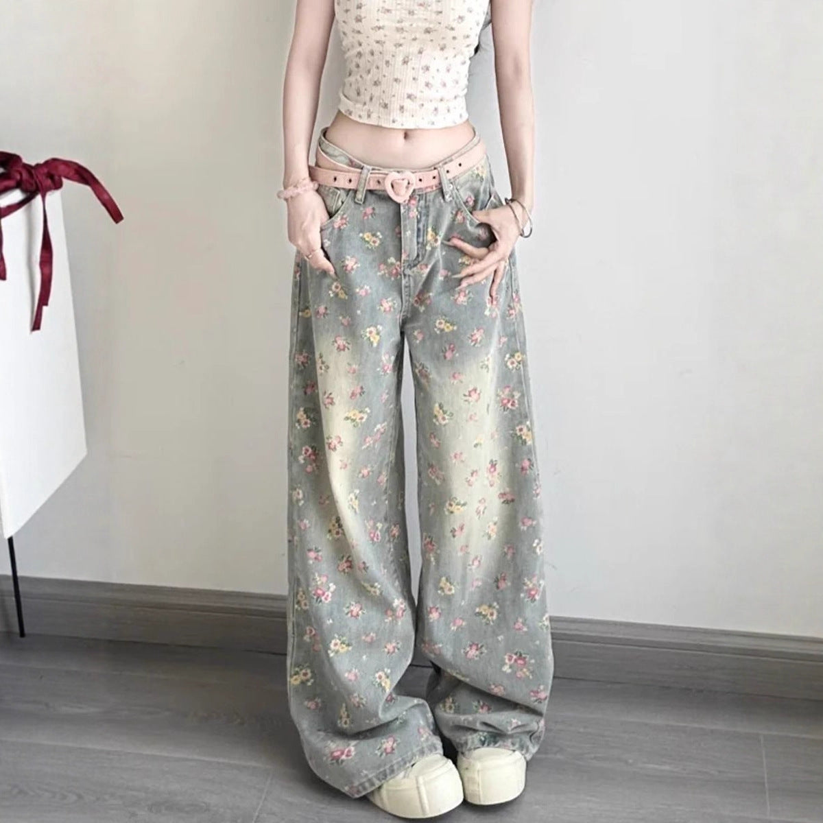 Womens Retro Floral High-Waist Wide-Leg Denim Jeans