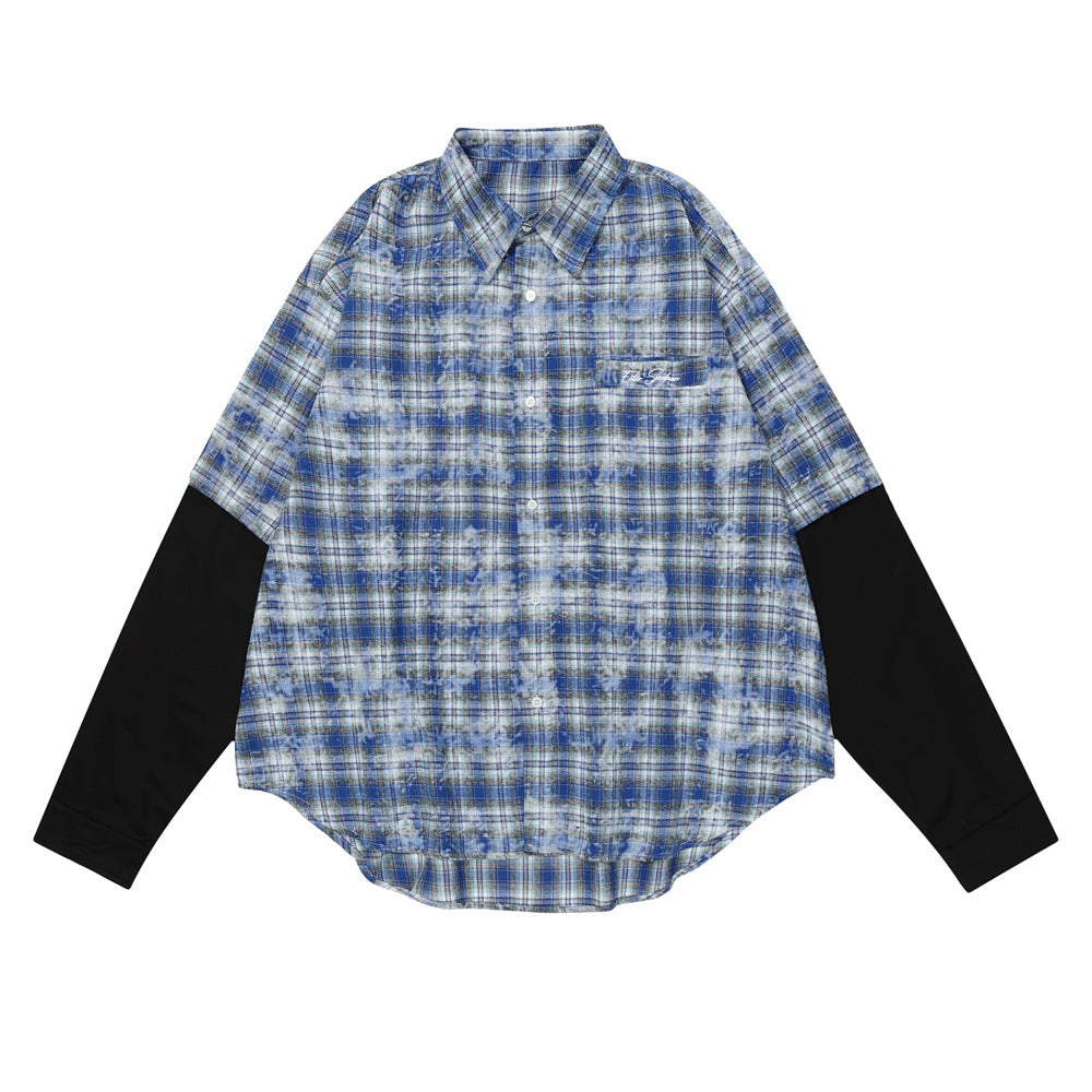 Tie-dye Blooming Plaid Shirt Men's False Two Pieces