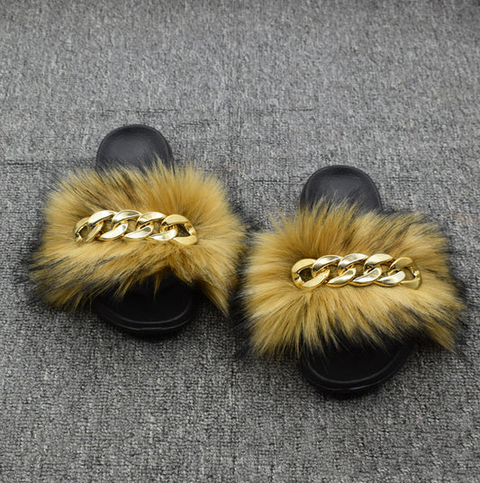 Fur Fur Slippers Chain Faux Fur Flip Flops
