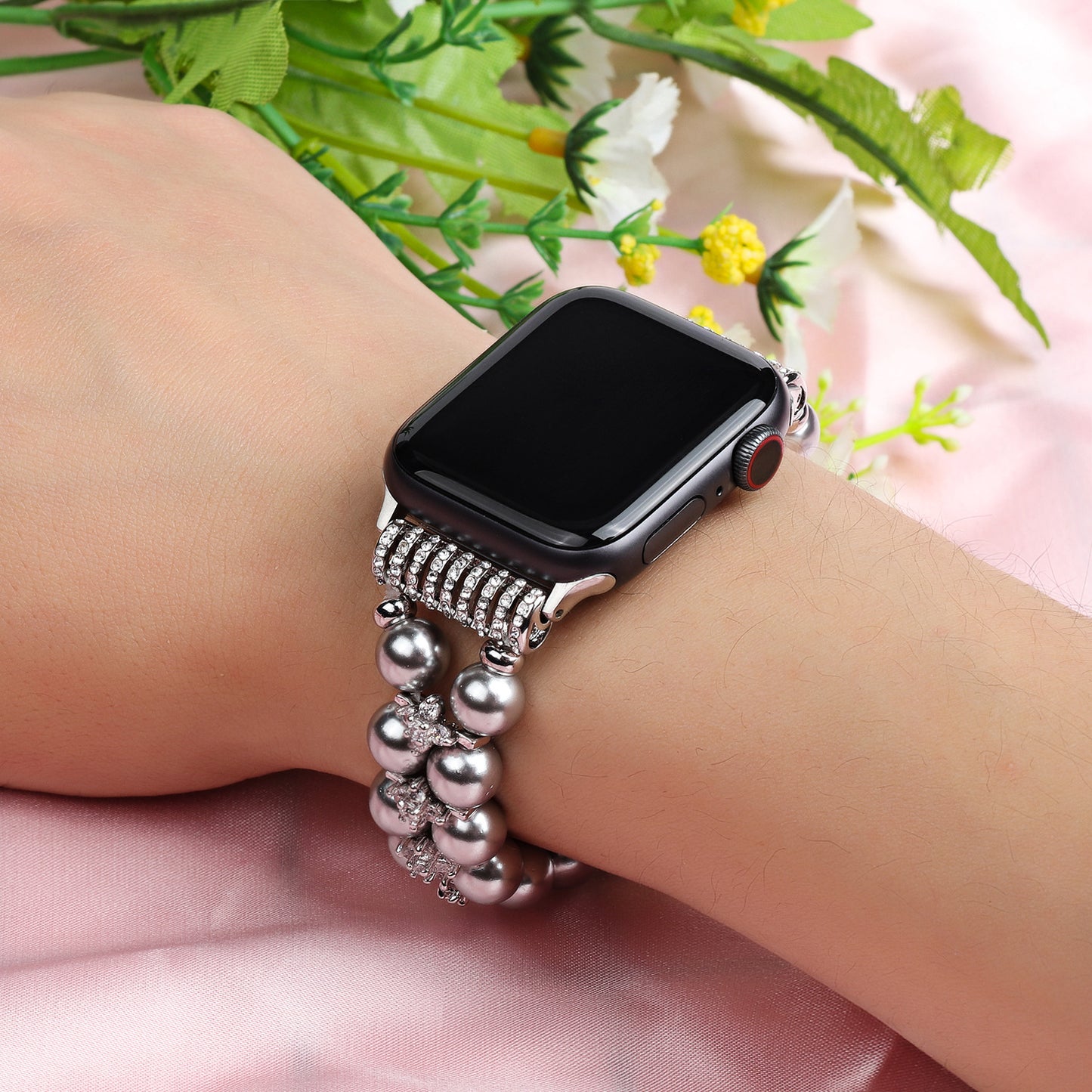 Anvendelig Apple Watch Dobbelt Række Smykkerem Zirkon Blomst Perle