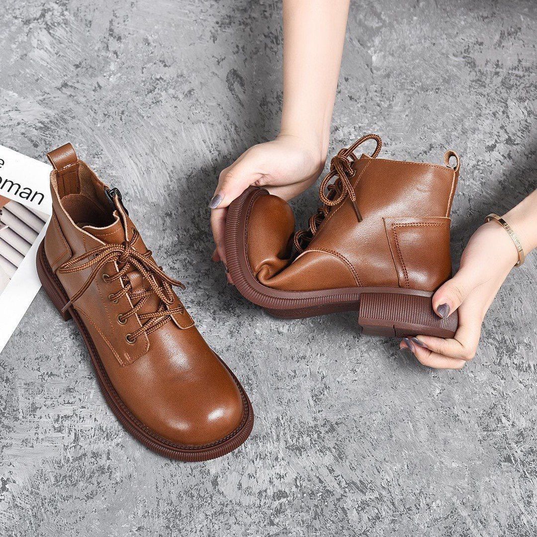 Real Soft Leather Platform Martin Boots Women's Autumn And Winter New Non-slip Western Style Slip-on Casual
