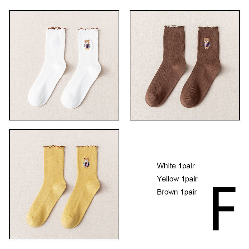 Women's Bear Embroidered Fungus Lace Mid Tube Socks