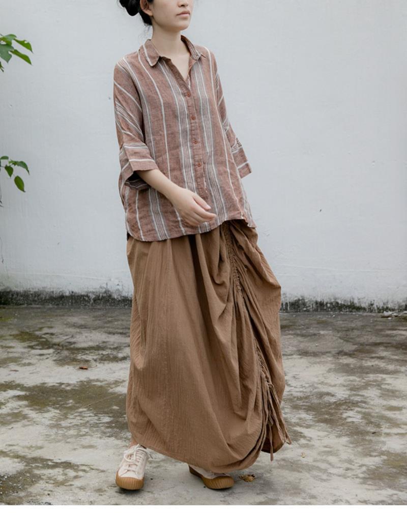 Irregular Drawstring Lace Linen Long Skirt Travel Loose Slimming Distressed