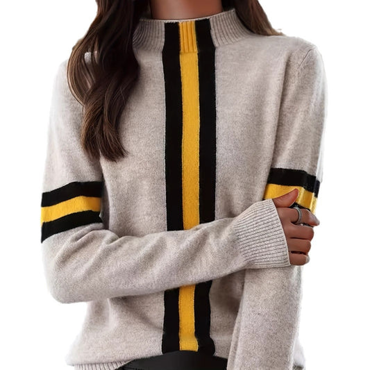 Women's Semi-High Neck Color-Block Elegant Knit Sweater
