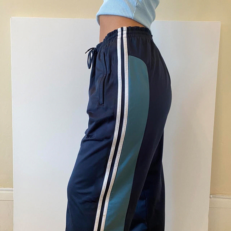 Loose Version Of Personalized Street Color-blocking Design Ribbon Women's Casual Pants
