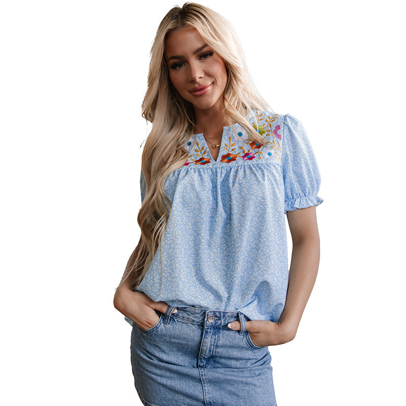 Pullover V-neck Chiffon Shirt Embroidered Short Sleeve
