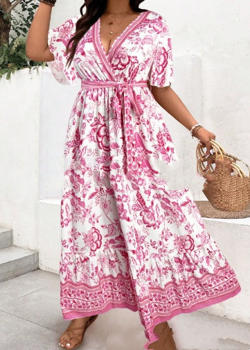 Women's Retro Printed V-Neck Long Dress Women's Pullover